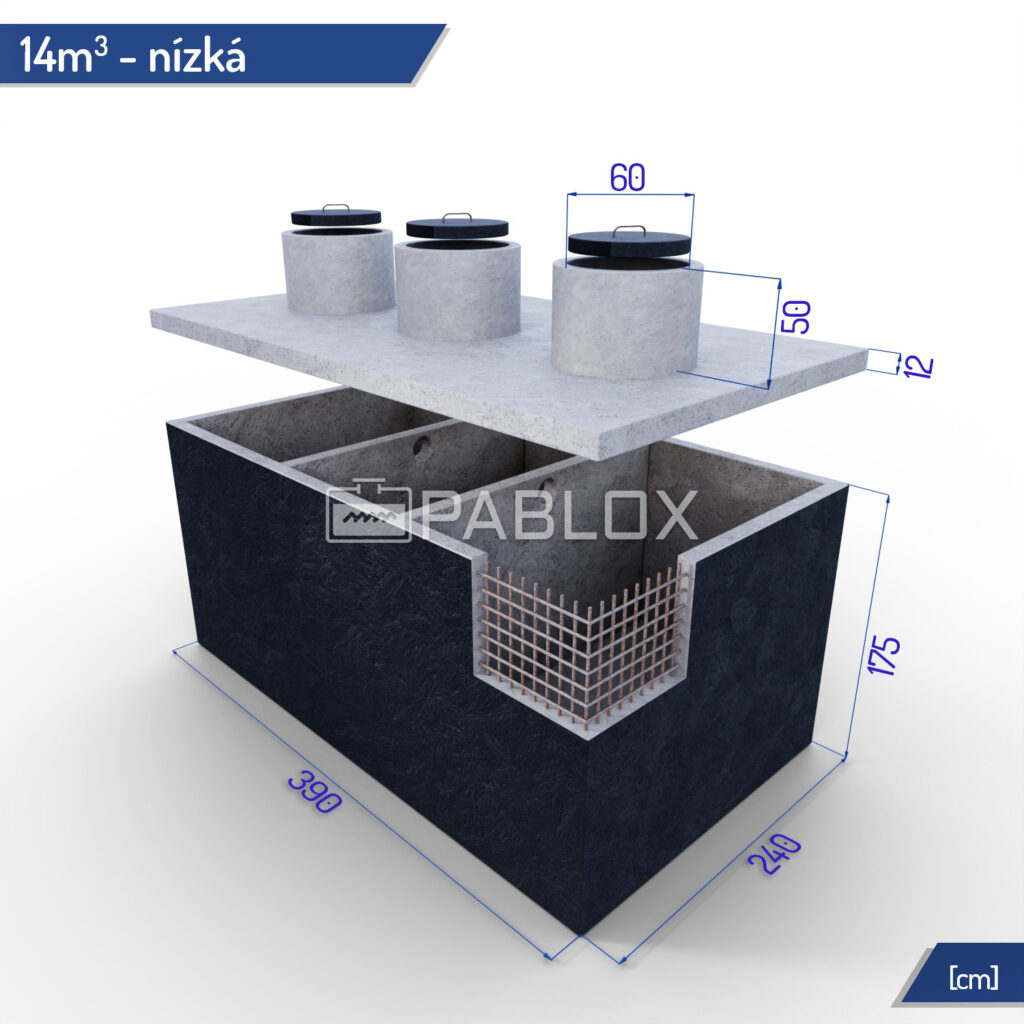 Trojkomorová betónová žumpa 14 m³ - nízka